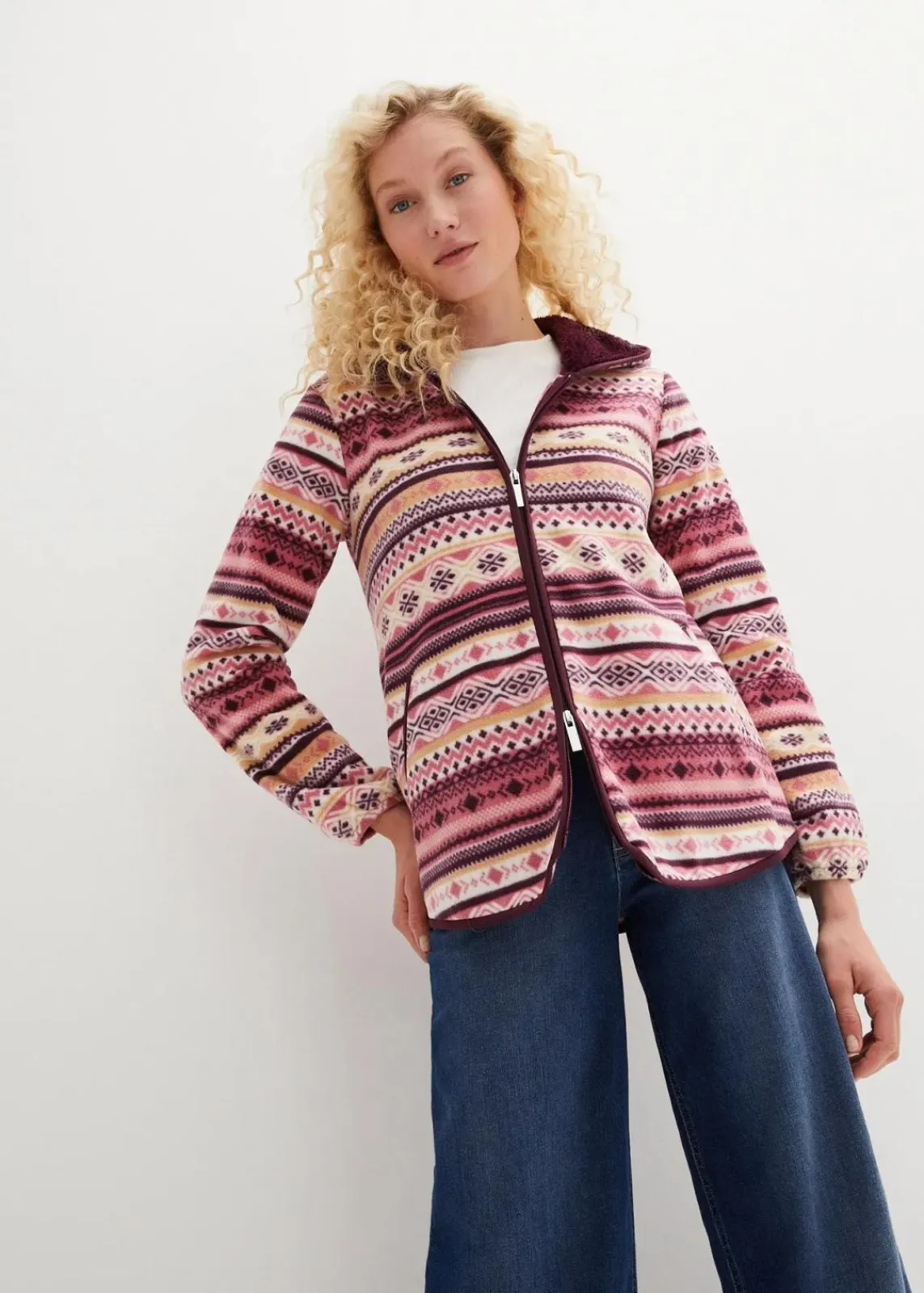 bonprix Jacken & Mäntel|Sweat^Kapuzen-Fleecejacke mit Norweger-Muster beerensorbet norwegermuster