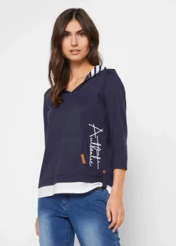 bonprix Shirts & Tops^Kapuzen-Shirt, 3/4-Arm aus reiner Baumwolle dunkelblau bedruckt