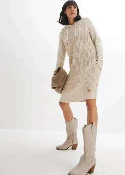 bonprix Bekleidung·Umstandsmode|Bekleidung·Pullover & Strickjacken^Kapuzen-Strickkleid mit Zopfmuster natur meliert