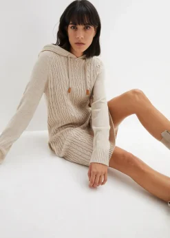 bonprix Bekleidung·Umstandsmode|Bekleidung·Pullover & Strickjacken^Kapuzen-Strickkleid mit Zopfmuster natur meliert