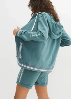 bonprix Bekleidung·Blusen & Tuniken|Nachhaltigere Materialien^Kapuzen-Sweatjacke aus reiner Bio-Baumwolle graugrün bedruckt
