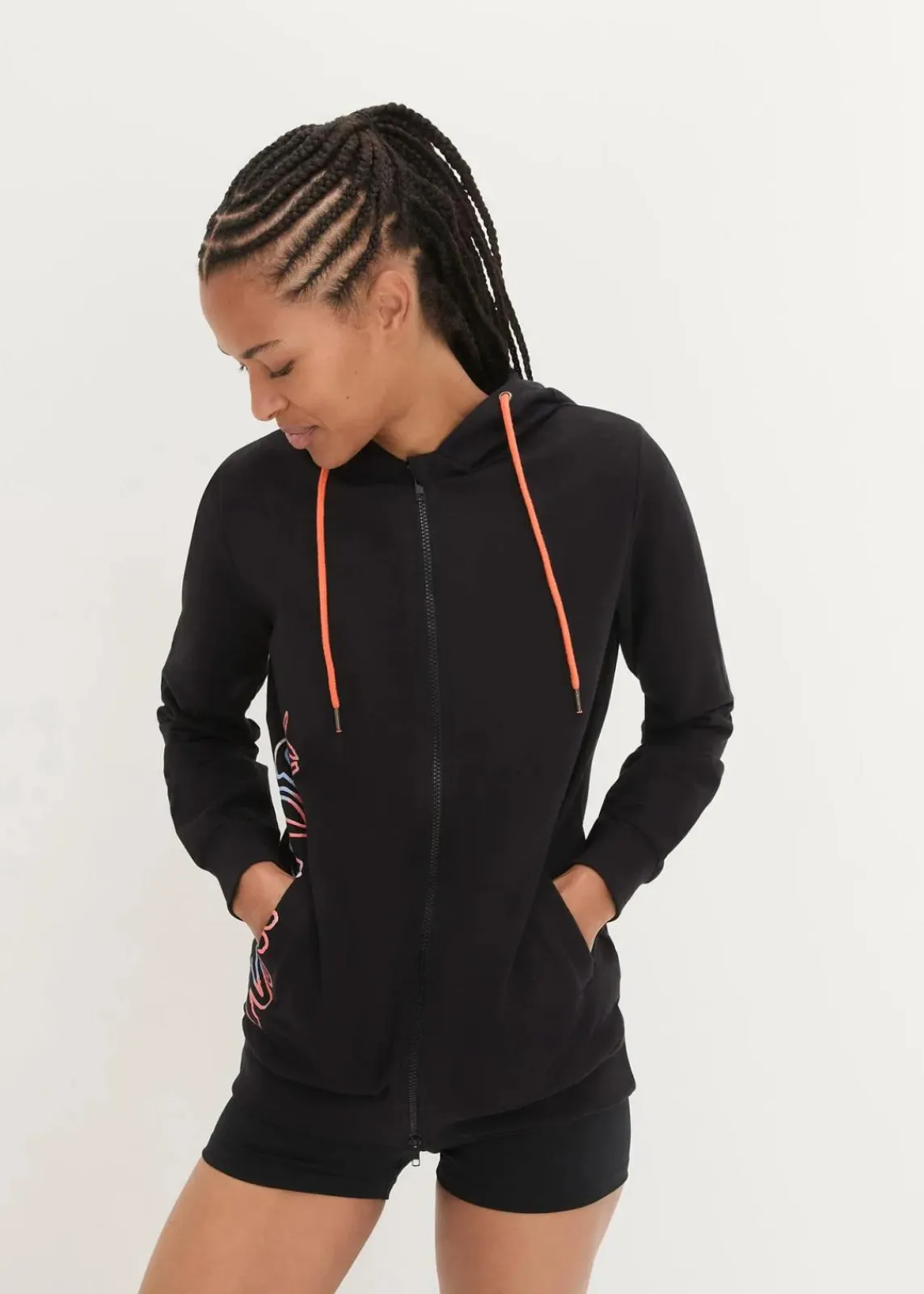bonprix Bekleidung·Blusen & Tuniken|Sweat^Kapuzen-Sweatjacke aus reiner Baumwolle schwarz bedruckt