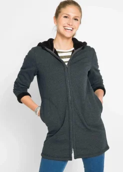 bonprix Sweat|Bekleidung·Blusen & Tuniken^Kapuzen-Sweatjacke mit Teddyfell anthrazit meliert