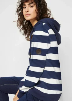 bonprix Sweat|Nachhaltigere Materialien^Kapuzensweatshirt aus Bio-Baumwolle dunkelblau/wollweiß gestreift