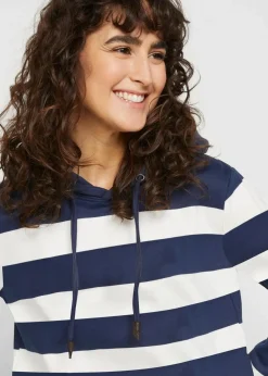bonprix Sweat|Nachhaltigere Materialien^Kapuzensweatshirt aus Bio-Baumwolle dunkelblau/wollweiß gestreift