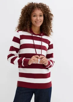 bonprix Bekleidung·Blusen & Tuniken|Nachhaltigere Materialien^Kapuzensweatshirt aus Bio-Baumwolle rubinrot/wollweiß gestreift