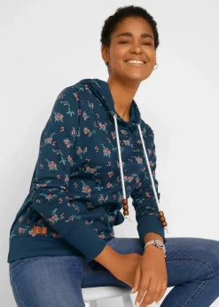 bonprix Bekleidung·Blusen & Tuniken|Sweat^Kapuzensweatshirt mit Kordeln aus reiner Baumwolle dunkelblau geblümt