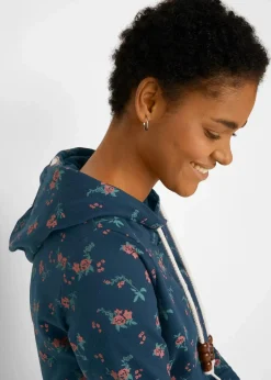 bonprix Bekleidung·Blusen & Tuniken|Sweat^Kapuzensweatshirt mit Kordeln aus reiner Baumwolle dunkelblau geblümt