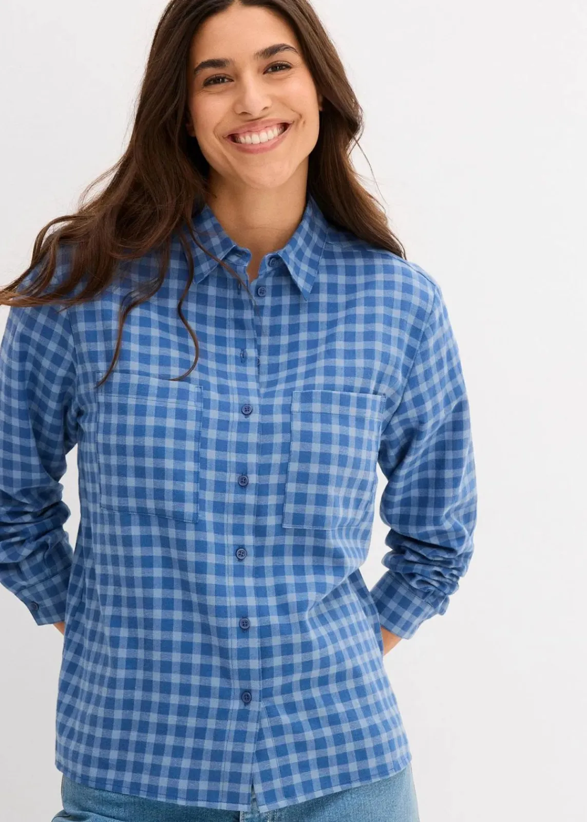 bonprix Blusen & Tuniken|Bekleidung·Jacken & Mäntel^Karierte Hemdbluse aus reiner Baumwolle hellblau/hellindigo kariert