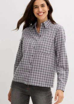 bonprix Bekleidung·Jacken & Mäntel|Blusen & Tuniken^Karierte Hemdbluse aus reiner Baumwolle rauchgrau/schattengrau kariert