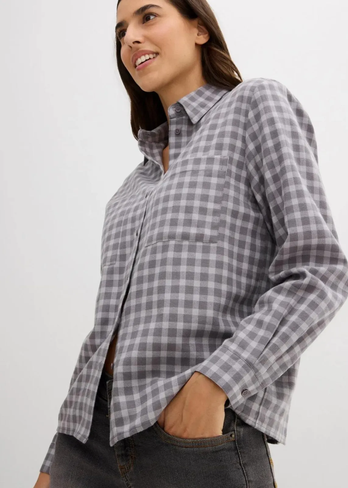 bonprix Bekleidung·Jacken & Mäntel|Blusen & Tuniken^Karierte Hemdbluse aus reiner Baumwolle rauchgrau/schattengrau kariert