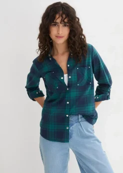 bonprix Blusen & Tuniken|Bekleidung·Jacken & Mäntel^Karierte Hemdbluse aus reiner Baumwolle petrol/dunkelblau kariert