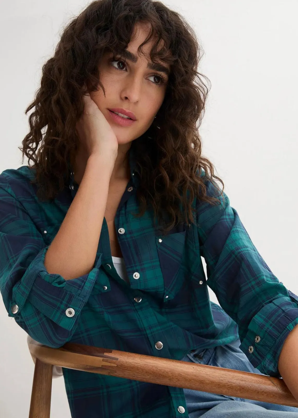bonprix Blusen & Tuniken|Bekleidung·Jacken & Mäntel^Karierte Hemdbluse aus reiner Baumwolle petrol/dunkelblau kariert