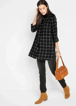 bonprix Bekleidung·Jacken & Mäntel|Blusen & Tuniken^Karierte Longbluse mit Taschen schwarz/wollweiß kariert