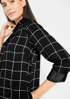 bonprix Bekleidung·Jacken & Mäntel|Blusen & Tuniken^Karierte Longbluse mit Taschen schwarz/wollweiß kariert