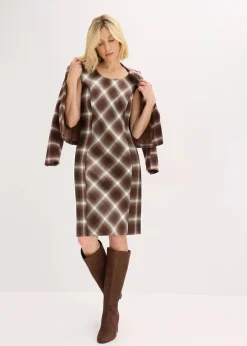 bonprix Bekleidung·Pullover & Strickjacken|Kleider^Karokleid dunkelbraun/hellbraun/mittelbraun/elfenbein kariert