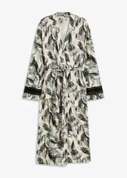bonprix Wäsche·Bademäntel|Bademäntel^Kimono Bademantel aus softem Viskose-Mix naturbeige/schwarz geblümt
