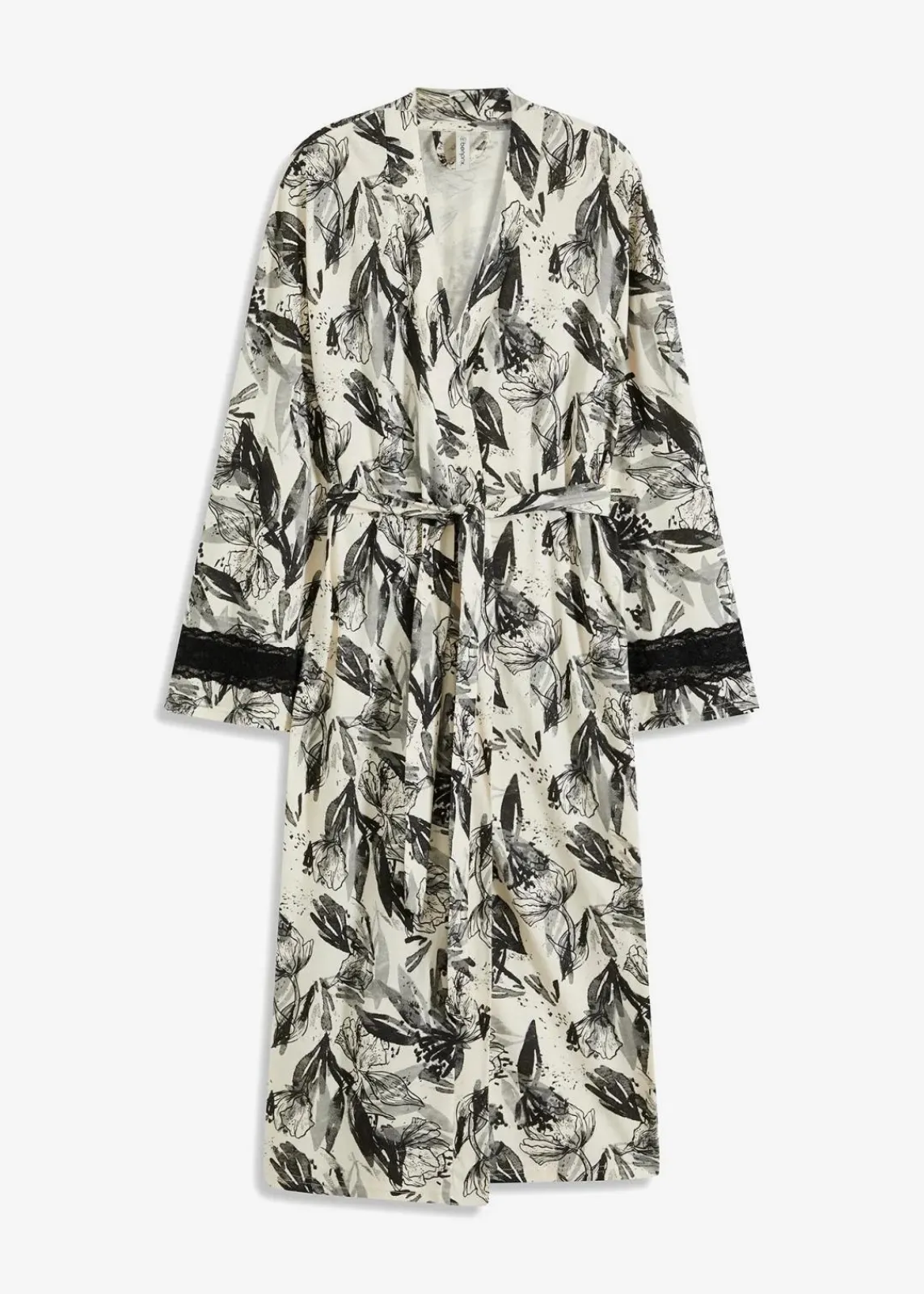 bonprix Wäsche·Bademäntel|Bademäntel^Kimono Bademantel aus softem Viskose-Mix naturbeige/schwarz geblümt