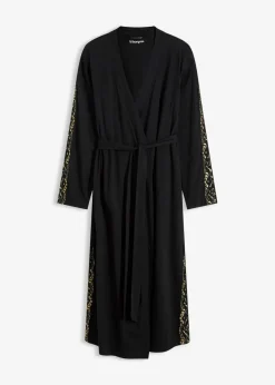 bonprix Wäsche·Bademäntel|Bademäntel^Kimono Morgenmantel mit zarter Glitzerspitze schwarz