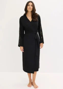 bonprix Wäsche·Bademäntel|Bademäntel^Kimono Morgenmantel mit zarter Glitzerspitze schwarz