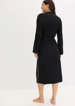 bonprix Wäsche·Bademäntel|Bademäntel^Kimono Morgenmantel mit zarter Glitzerspitze schwarz