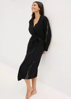 bonprix Wäsche·Bademäntel|Bademäntel^Kimono Morgenmantel mit zarter Glitzerspitze schwarz