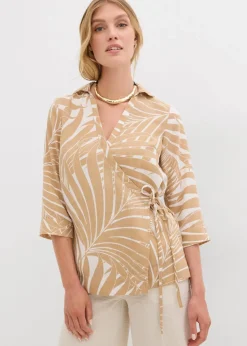 bonprix Blusen & Tuniken|Bekleidung·Jacken & Mäntel^Kimono-Bluse in Leinenoptik wollweiß/new beige bedruckt