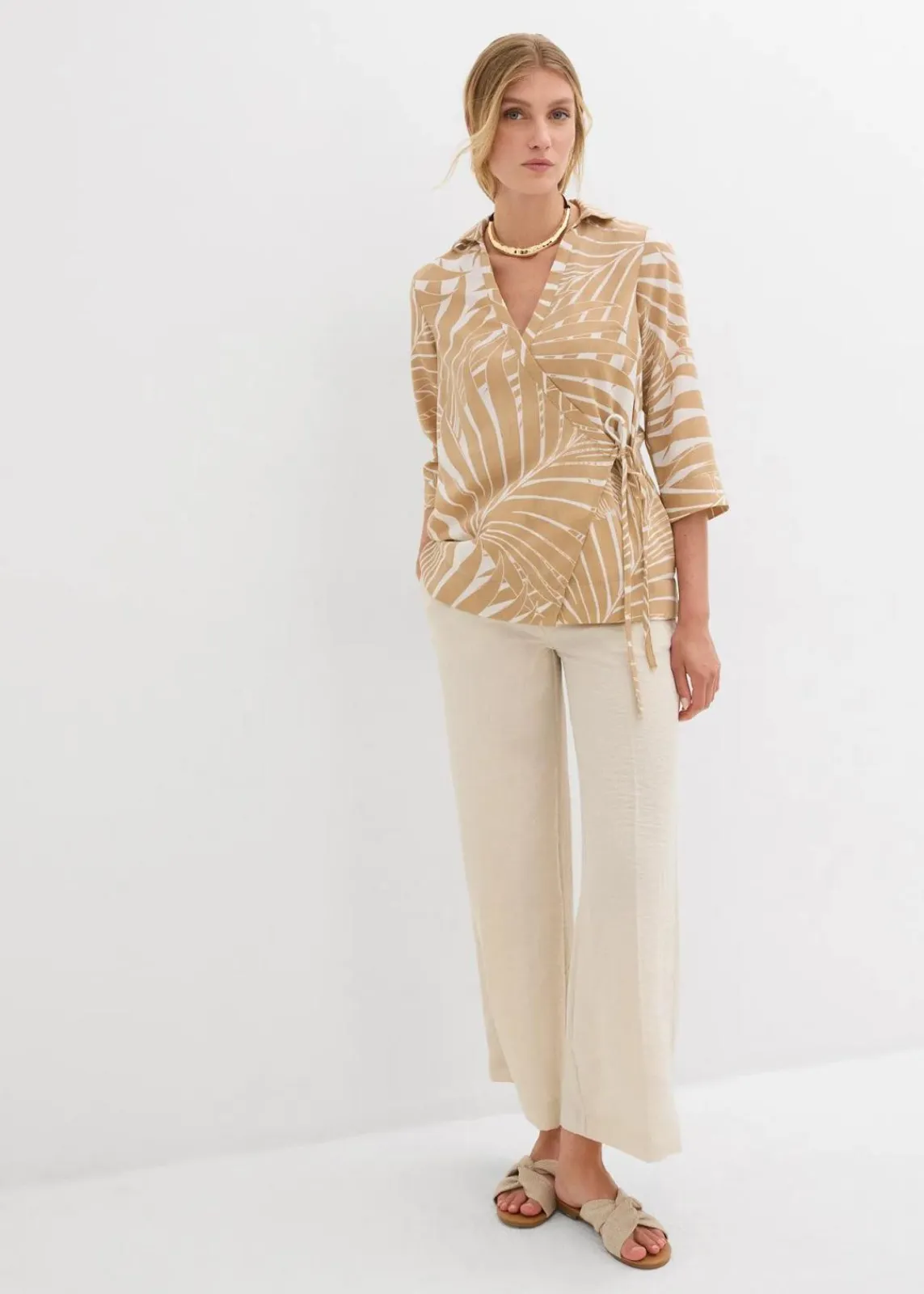 bonprix Blusen & Tuniken|Bekleidung·Jacken & Mäntel^Kimono-Bluse in Leinenoptik wollweiß/new beige bedruckt