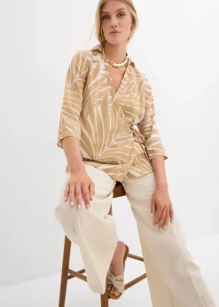 bonprix Blusen & Tuniken|Bekleidung·Jacken & Mäntel^Kimono-Bluse in Leinenoptik wollweiß/new beige bedruckt
