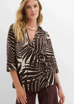 bonprix Bekleidung·Jacken & Mäntel|Blusen & Tuniken^Kimono-Bluse in Leinenoptik natur/dunkelbraun bedruckt