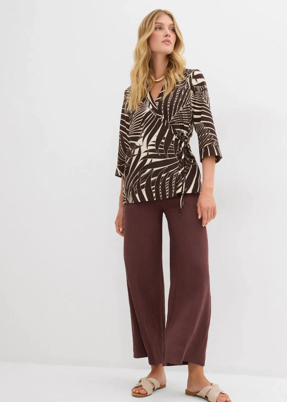 bonprix Bekleidung·Jacken & Mäntel|Blusen & Tuniken^Kimono-Bluse in Leinenoptik natur/dunkelbraun bedruckt