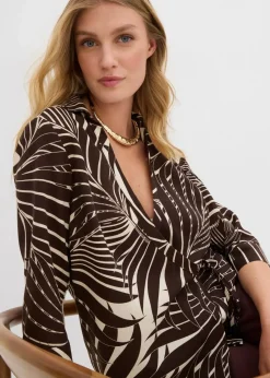 bonprix Bekleidung·Jacken & Mäntel|Blusen & Tuniken^Kimono-Bluse in Leinenoptik natur/dunkelbraun bedruckt