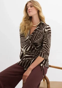 bonprix Bekleidung·Jacken & Mäntel|Blusen & Tuniken^Kimono-Bluse in Leinenoptik natur/dunkelbraun bedruckt