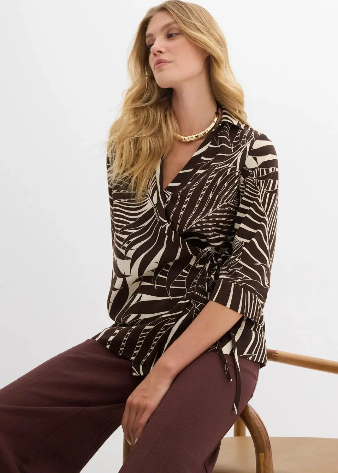 bonprix Bekleidung·Jacken & Mäntel|Blusen & Tuniken^Kimono-Bluse in Leinenoptik natur/dunkelbraun bedruckt