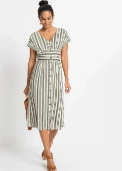 bonprix Bekleidung·Pullover & Strickjacken|Kleider^Kleid oliv/weiß gestreift