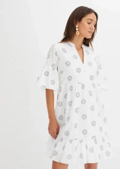 bonprix Bekleidung·Pullover & Strickjacken|Kleider^Kleid weiß/blau bedruckt