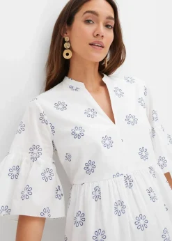bonprix Bekleidung·Pullover & Strickjacken|Kleider^Kleid weiß/blau bedruckt