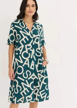 bonprix Kleider^Kleid aus fließender Viskose pfeffergrün/kieselbeige graphisch bedruckt