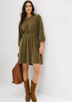 bonprix Bekleidung·Pullover & Strickjacken|Kleider^Kleid aus Jersey-Cord dunkeloliv