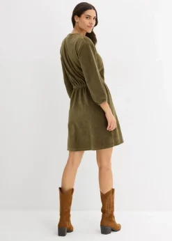 bonprix Bekleidung·Pullover & Strickjacken|Kleider^Kleid aus Jersey-Cord dunkeloliv