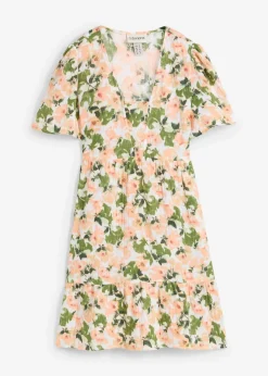 bonprix Bekleidung·Pullover & Strickjacken|Kleider^Kleid aus Musselin weiß/hellgrün/melba/helllachs/mattpistazie/moosgrün floral