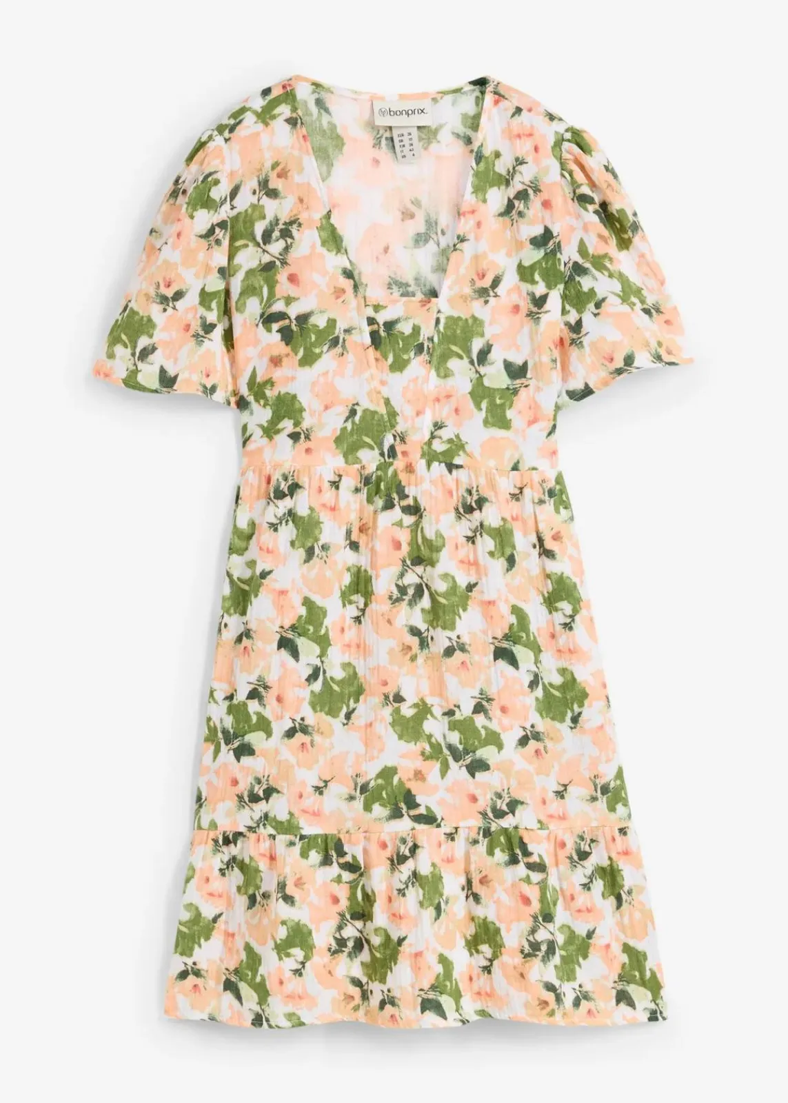 bonprix Bekleidung·Pullover & Strickjacken|Kleider^Kleid aus Musselin weiß/hellgrün/melba/helllachs/mattpistazie/moosgrün floral