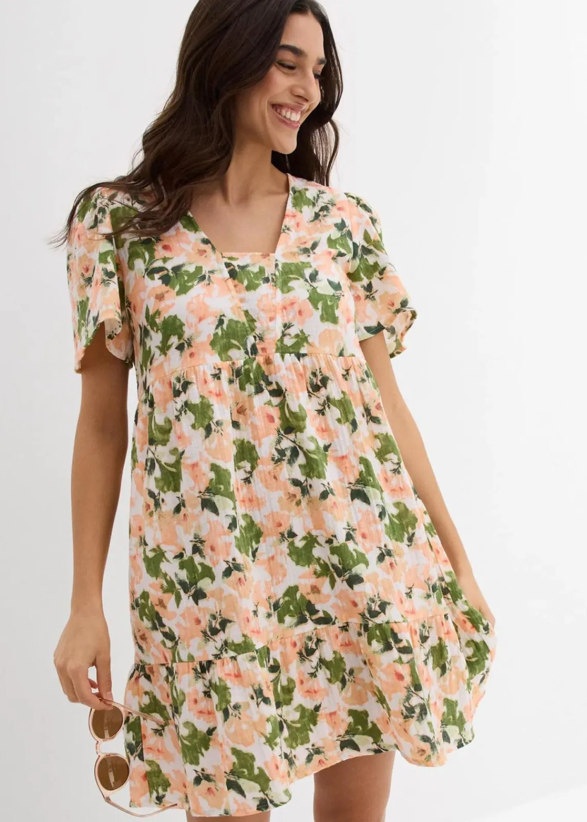 bonprix Bekleidung·Pullover & Strickjacken|Kleider^Kleid aus Musselin weiß/hellgrün/melba/helllachs/mattpistazie/moosgrün floral