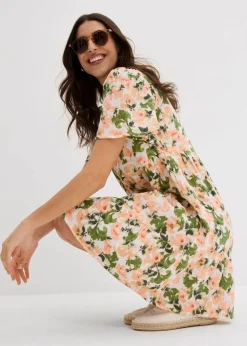 bonprix Bekleidung·Pullover & Strickjacken|Kleider^Kleid aus Musselin weiß/hellgrün/melba/helllachs/mattpistazie/moosgrün floral