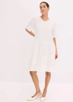 bonprix Bekleidung·Pullover & Strickjacken|Kleider^Kleid aus Musselin mit Lochstickerei wollweiß