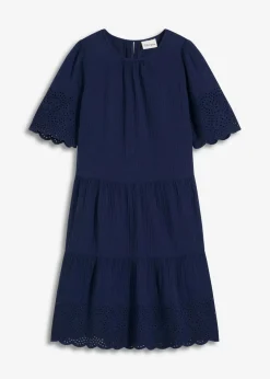 bonprix Kleider|Bekleidung·Pullover & Strickjacken^Kleid aus Musselin mit Lochstickerei dunkelblau