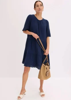 bonprix Kleider|Bekleidung·Pullover & Strickjacken^Kleid aus Musselin mit Lochstickerei dunkelblau