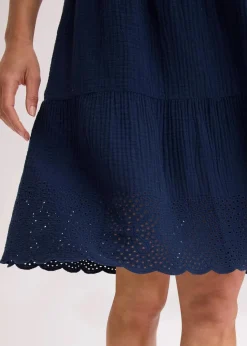 bonprix Kleider|Bekleidung·Pullover & Strickjacken^Kleid aus Musselin mit Lochstickerei dunkelblau