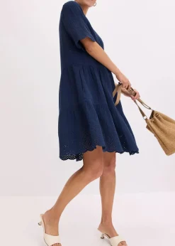 bonprix Kleider|Bekleidung·Pullover & Strickjacken^Kleid aus Musselin mit Lochstickerei dunkelblau
