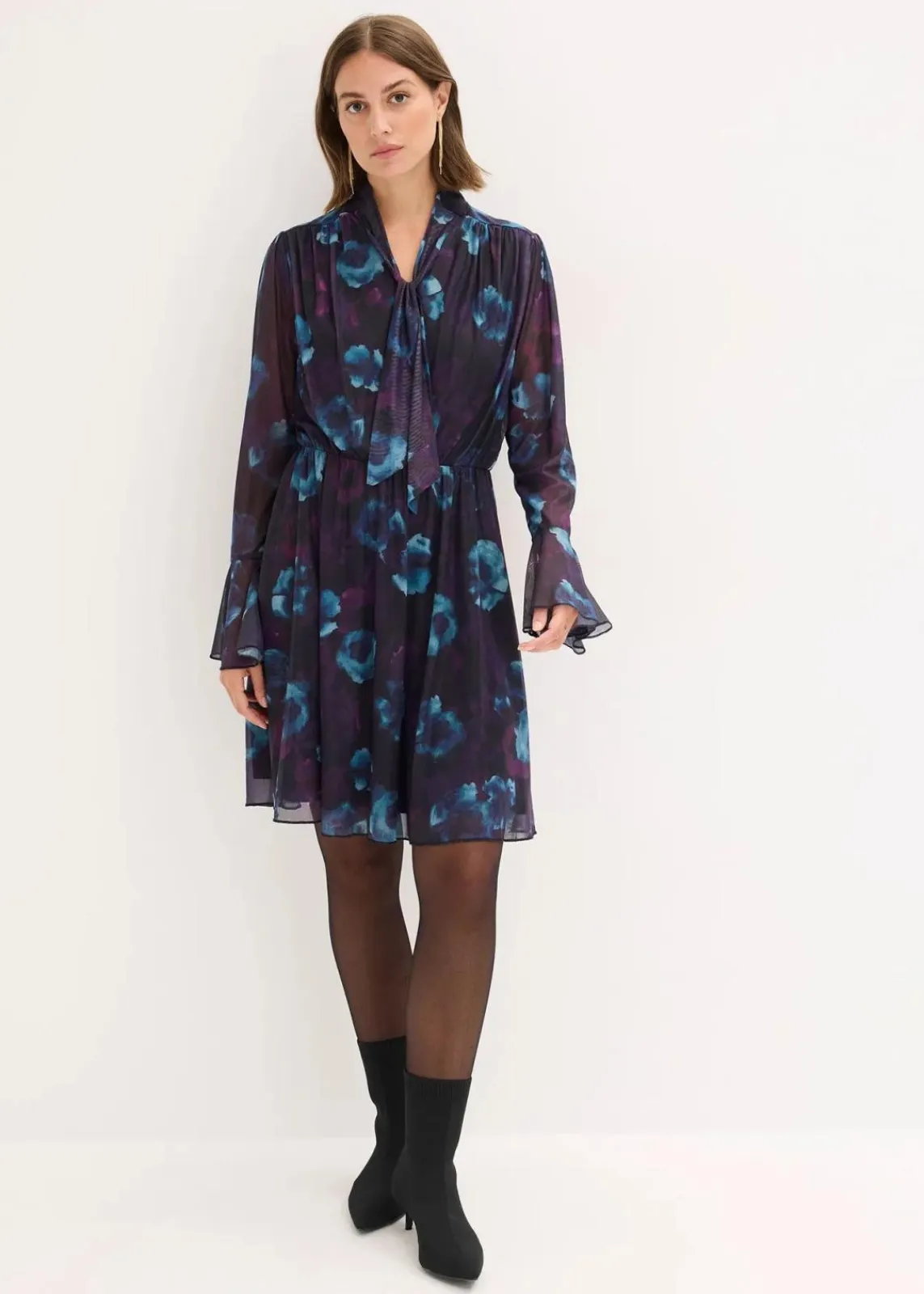 bonprix Bekleidung·Pullover & Strickjacken|Kleider^Kleid aus softem Mesh dunkellila/schwarz/petrol floral